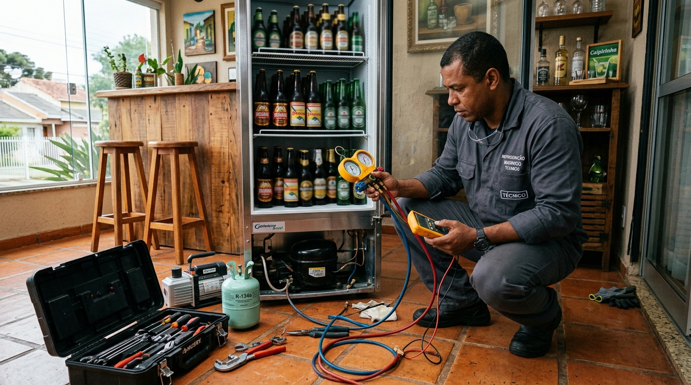 Profissional executando reparo no motor de cervejeira no Setor Morada do Sol, Palmas‑TO