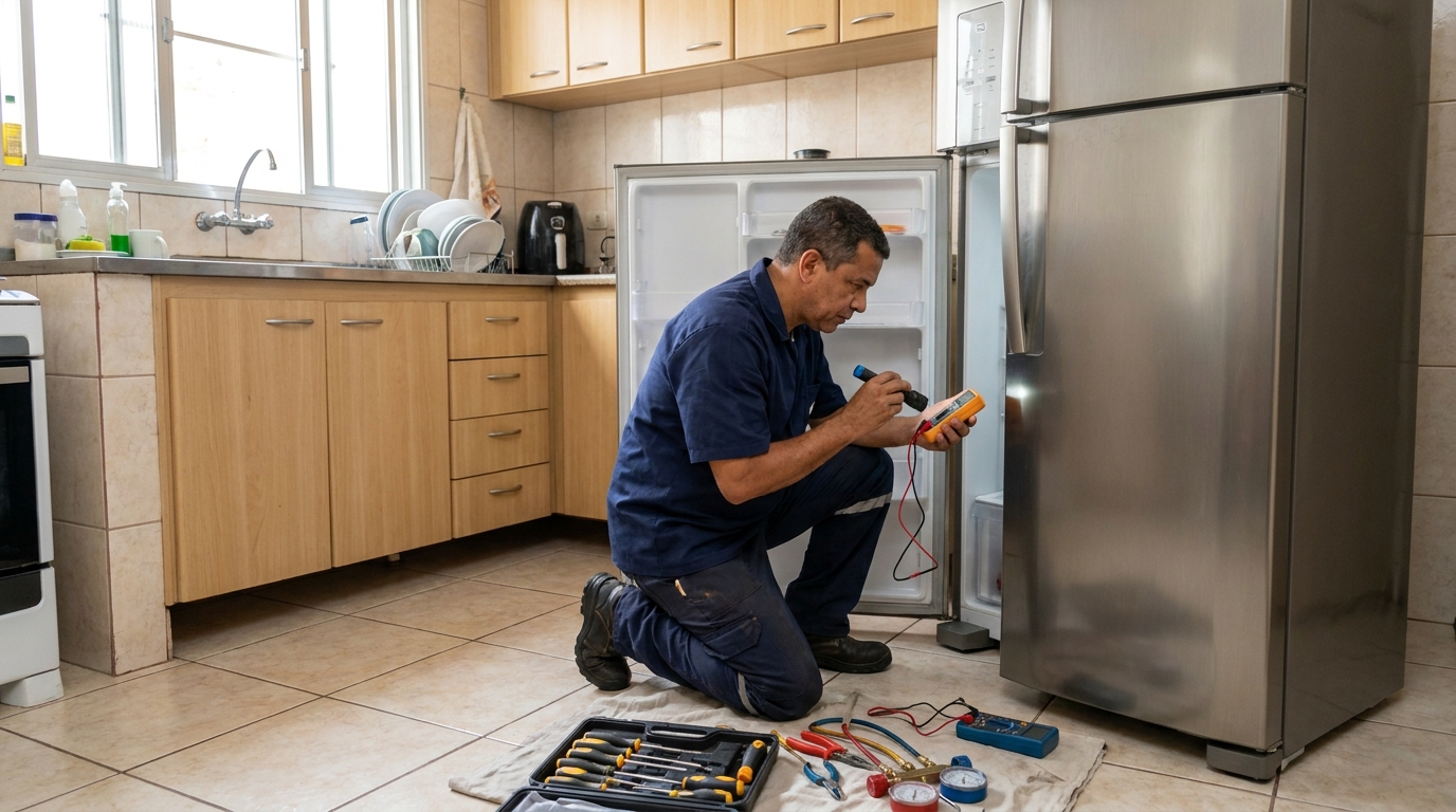 Técnico aplicando recarga de gás refrigerante em geladeira no Centro, Palmas‑TO